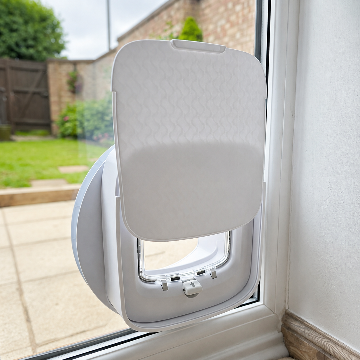PetSafe Microchip Cat Flap with its sliding cover half open